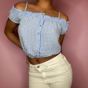 White and Blue Plaid Off the Shoulder Top